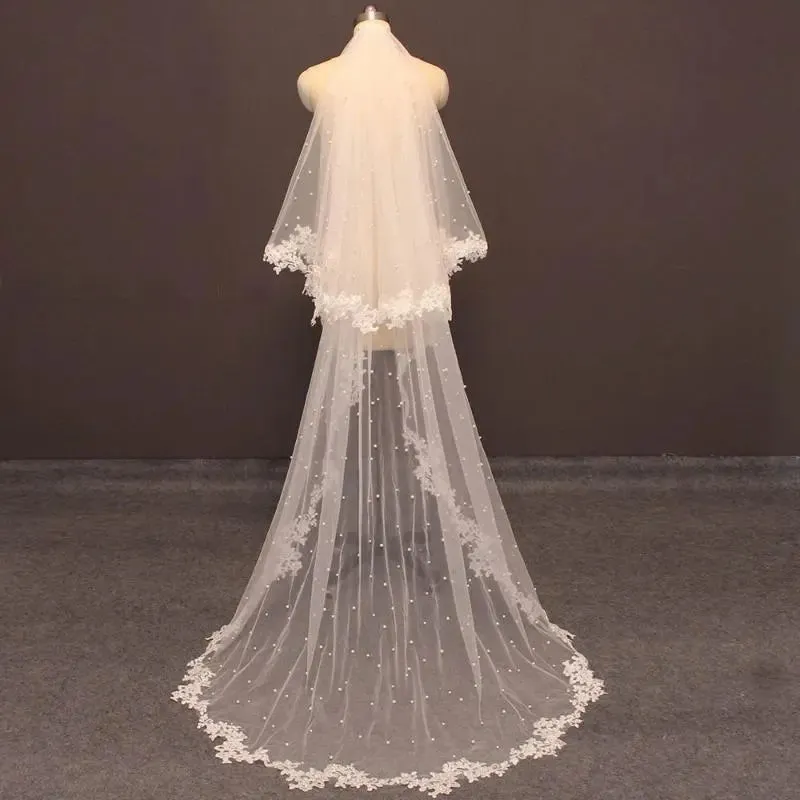 Lace Trim Pearl Tulle Church Wedding Veil w/ Blusher