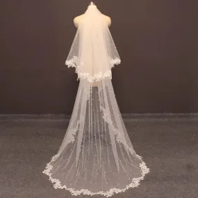 Lace Trim Pearl Tulle Church Wedding Veil w/ Blusher