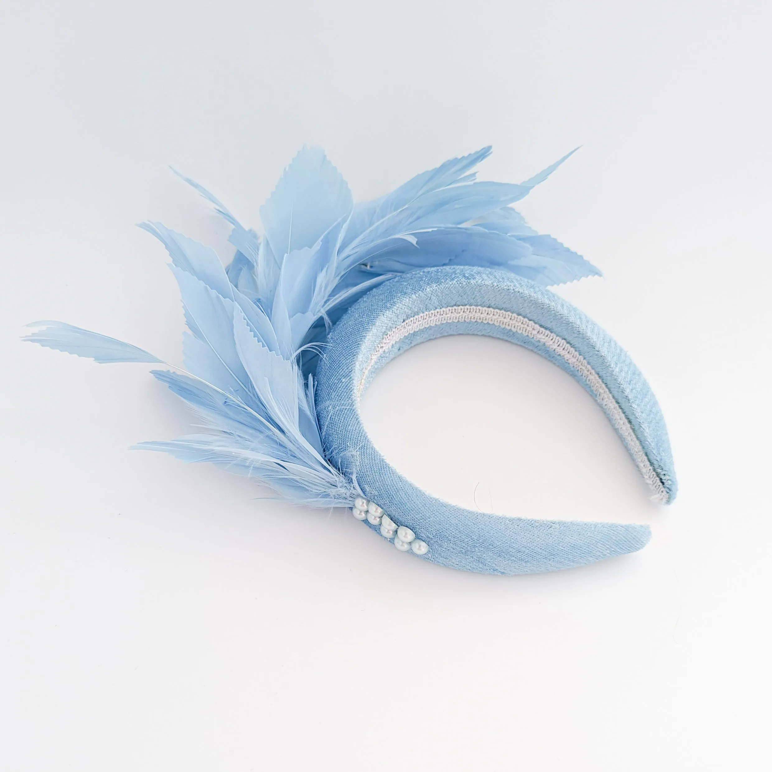 Light cornflower blue feather padded velvet headband fascinator