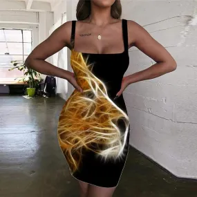 Lion Dress Women Animal Halter Sleeveless Anime Bodycon Dress Harajuku 3d Print Flame Vestido Sexy