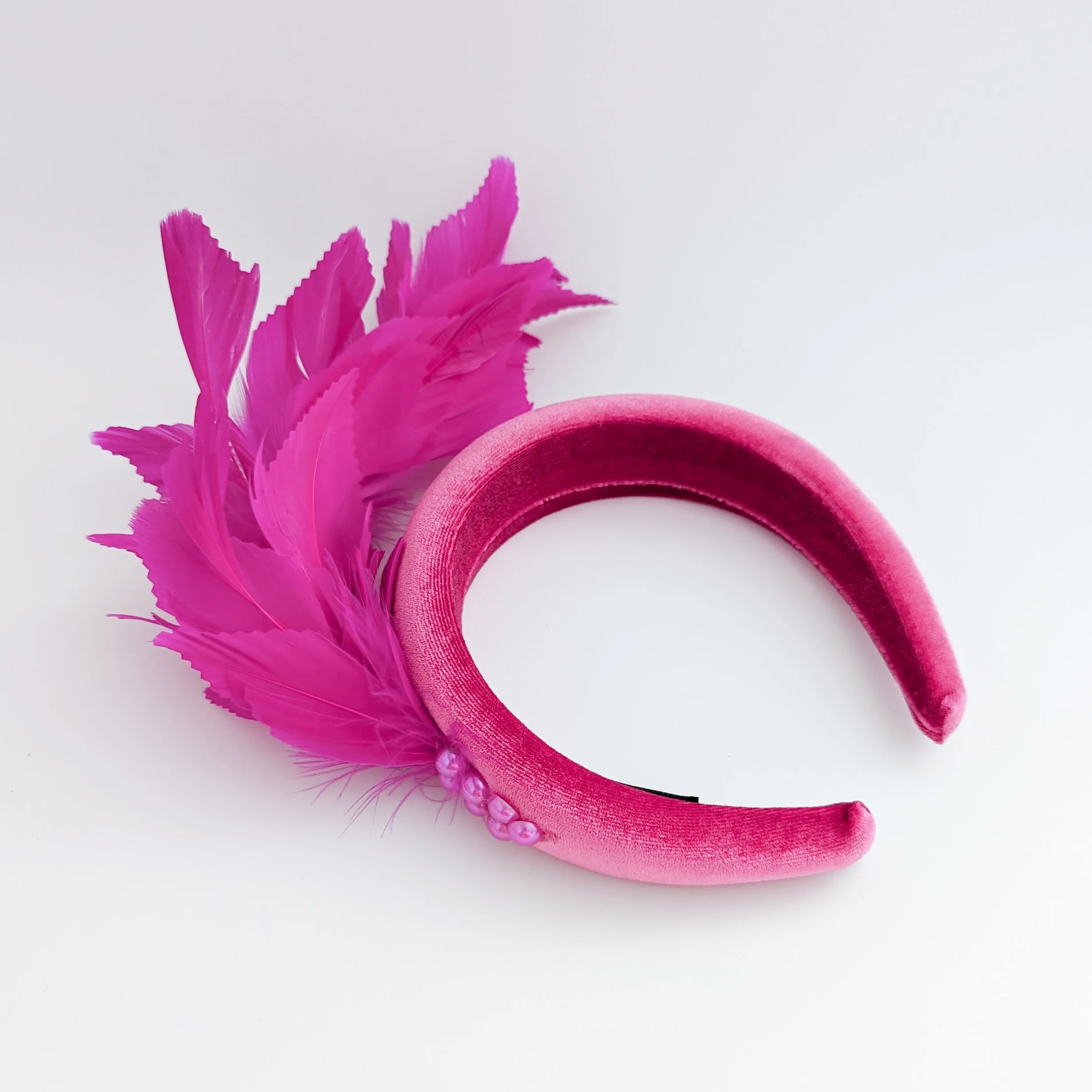 Magenta hot pink feather padded velvet headband fascinator