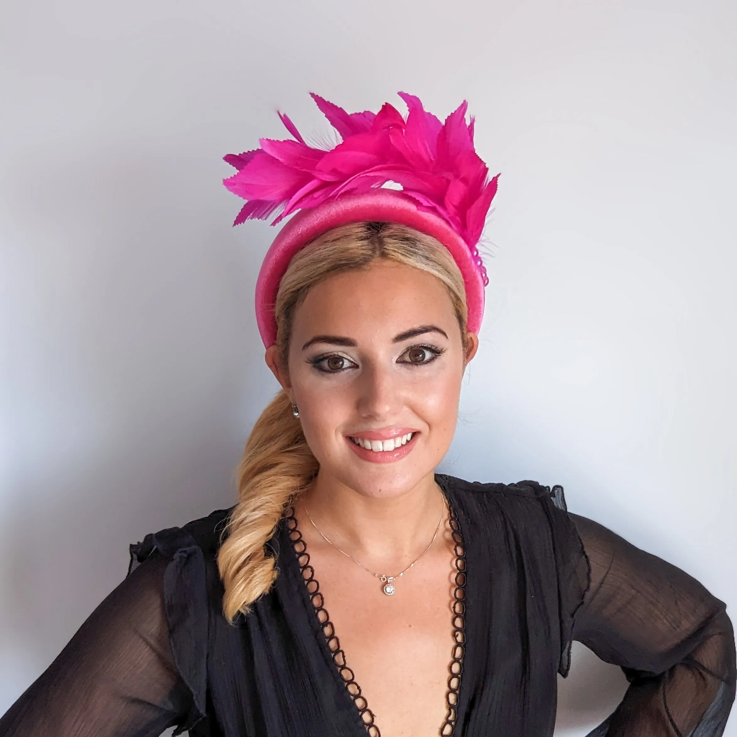 Magenta hot pink feather padded velvet headband fascinator