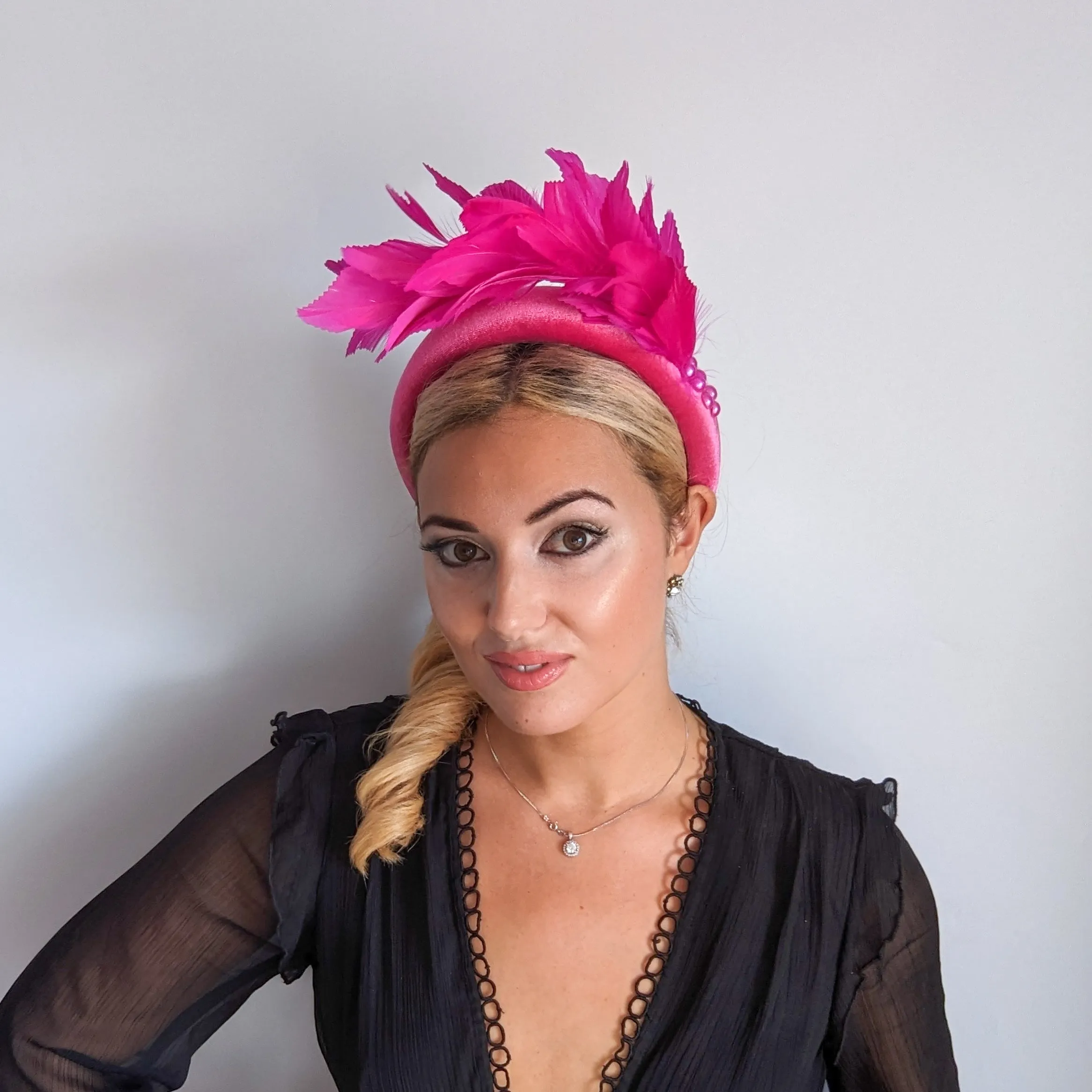 Magenta hot pink feather padded velvet headband fascinator