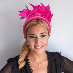 Magenta hot pink feather padded velvet headband fascinator