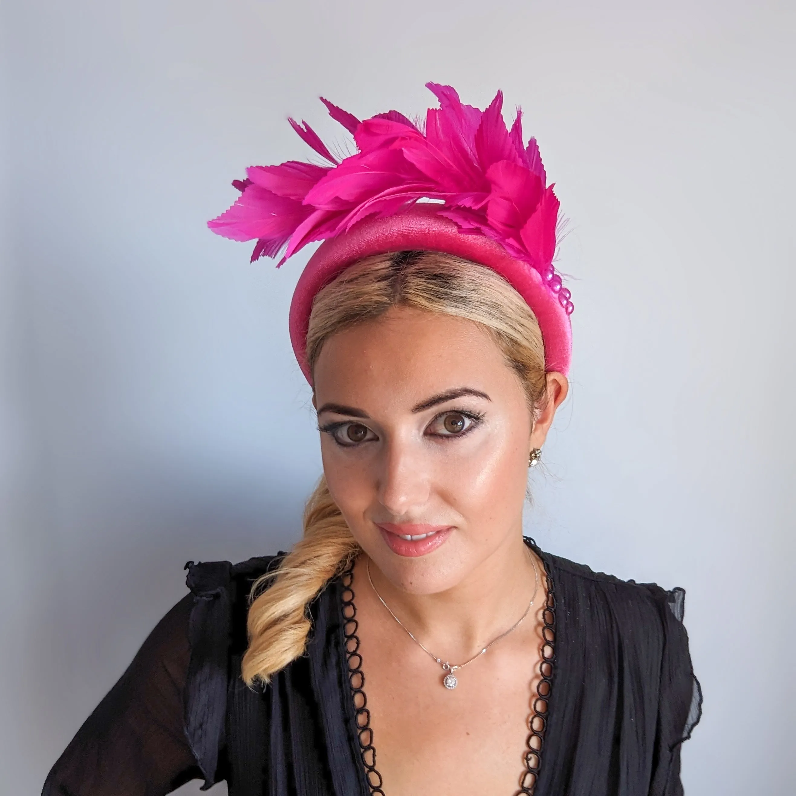 Magenta hot pink feather padded velvet headband fascinator