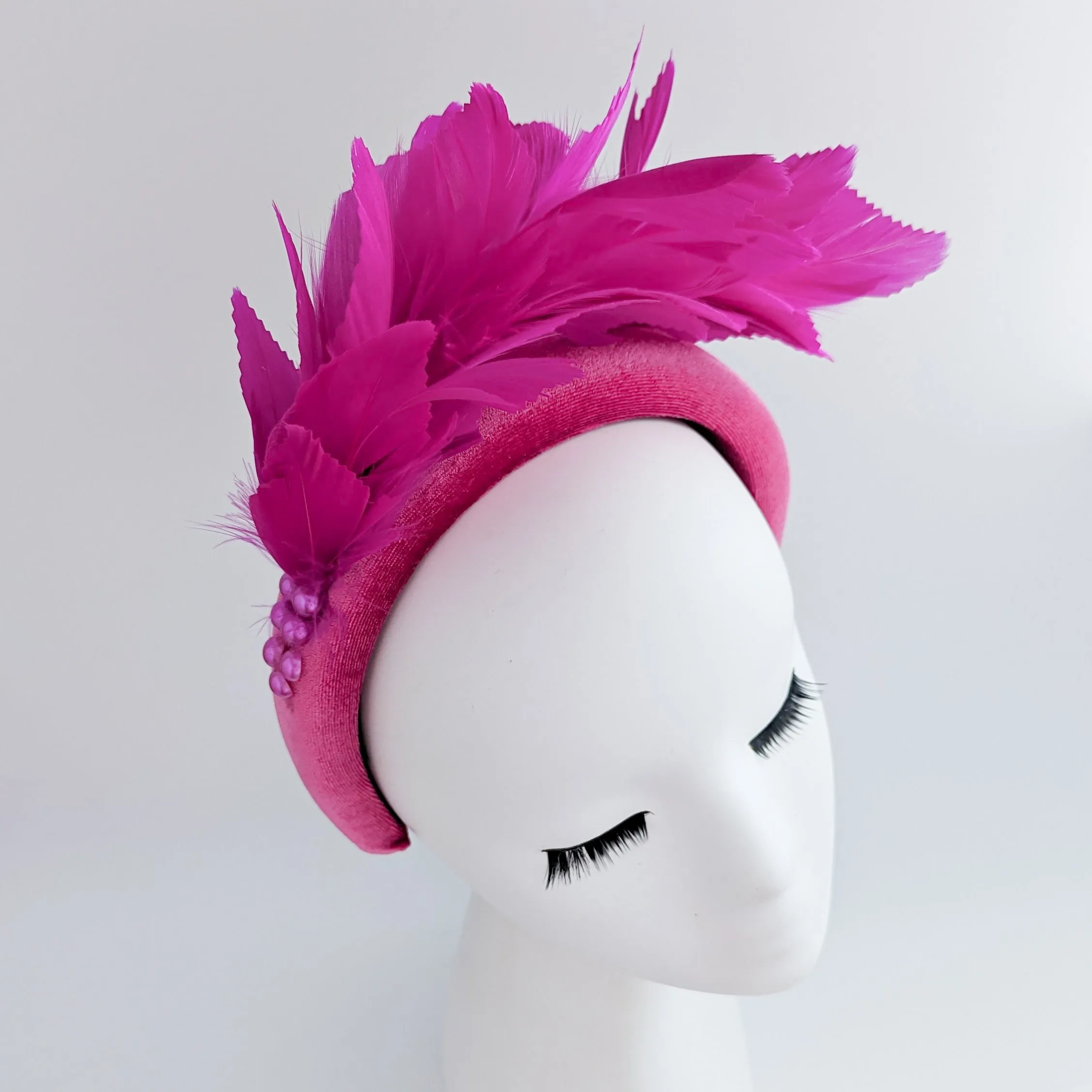 Magenta hot pink feather padded velvet headband fascinator