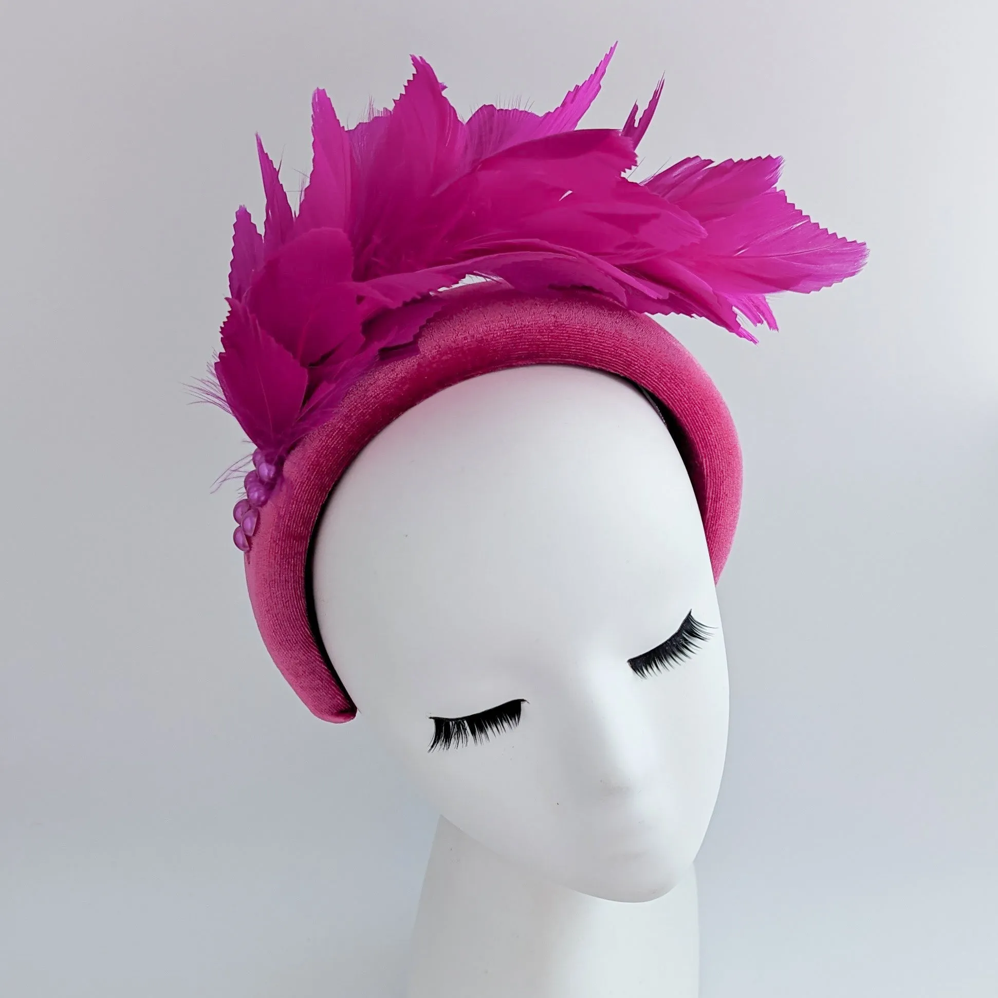 Magenta hot pink feather padded velvet headband fascinator