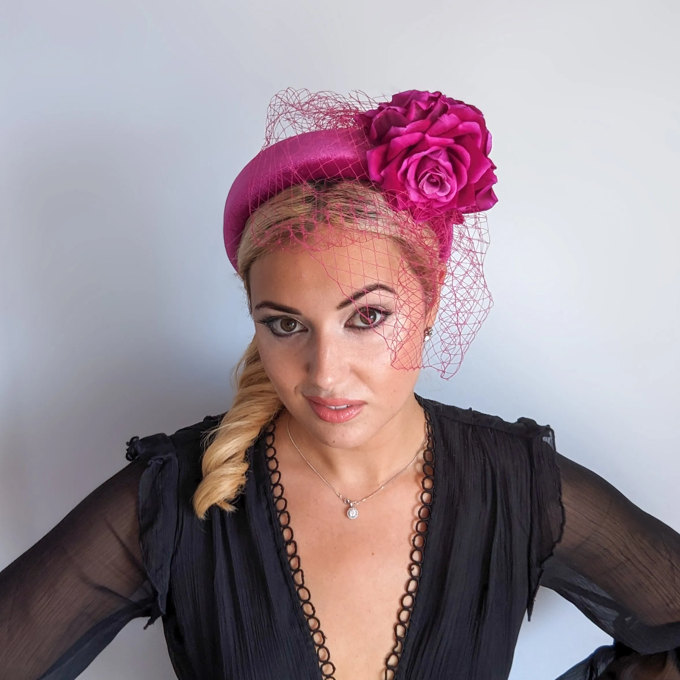 Magenta pink flower padded velvet headband fascinator