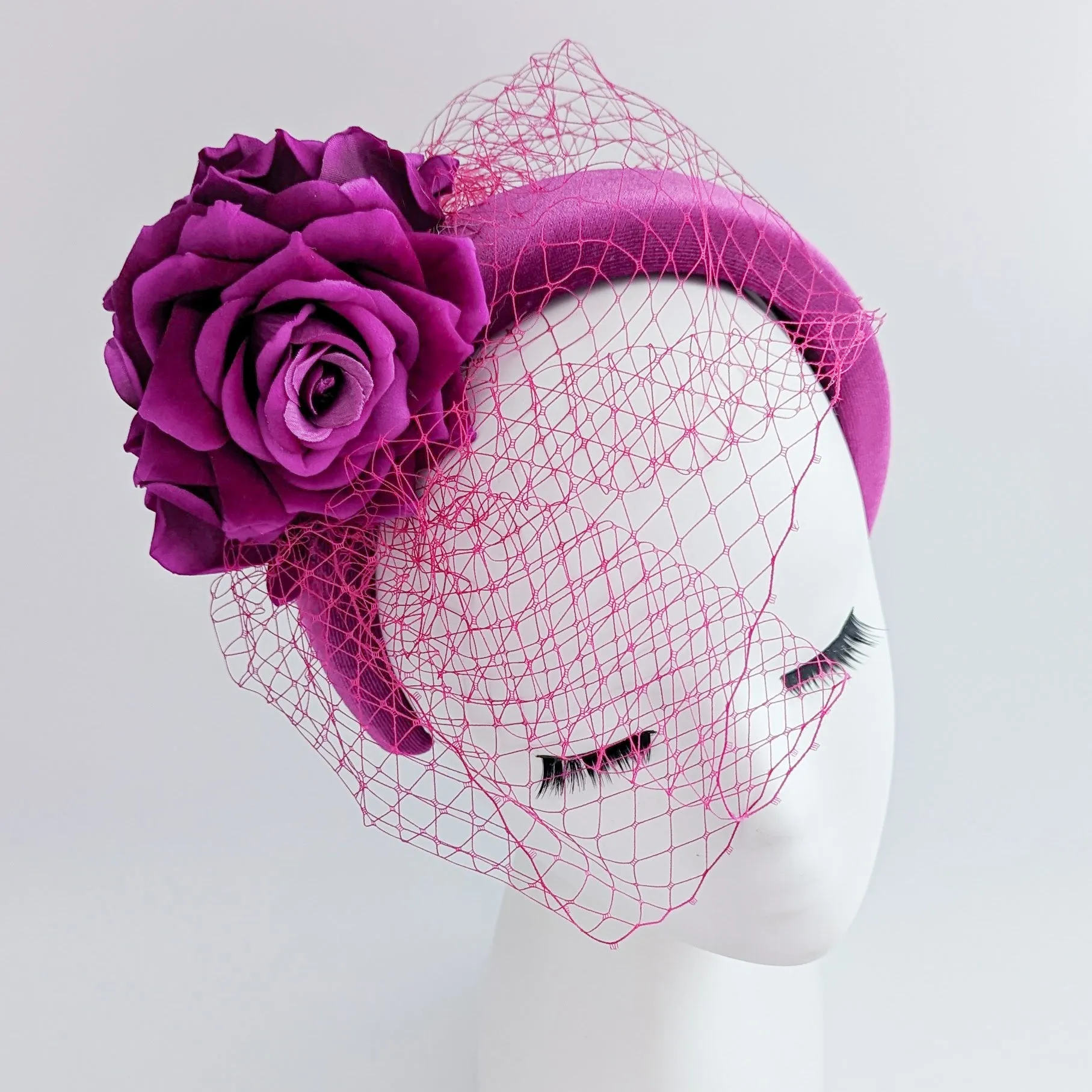 Magenta pink flower padded velvet headband fascinator