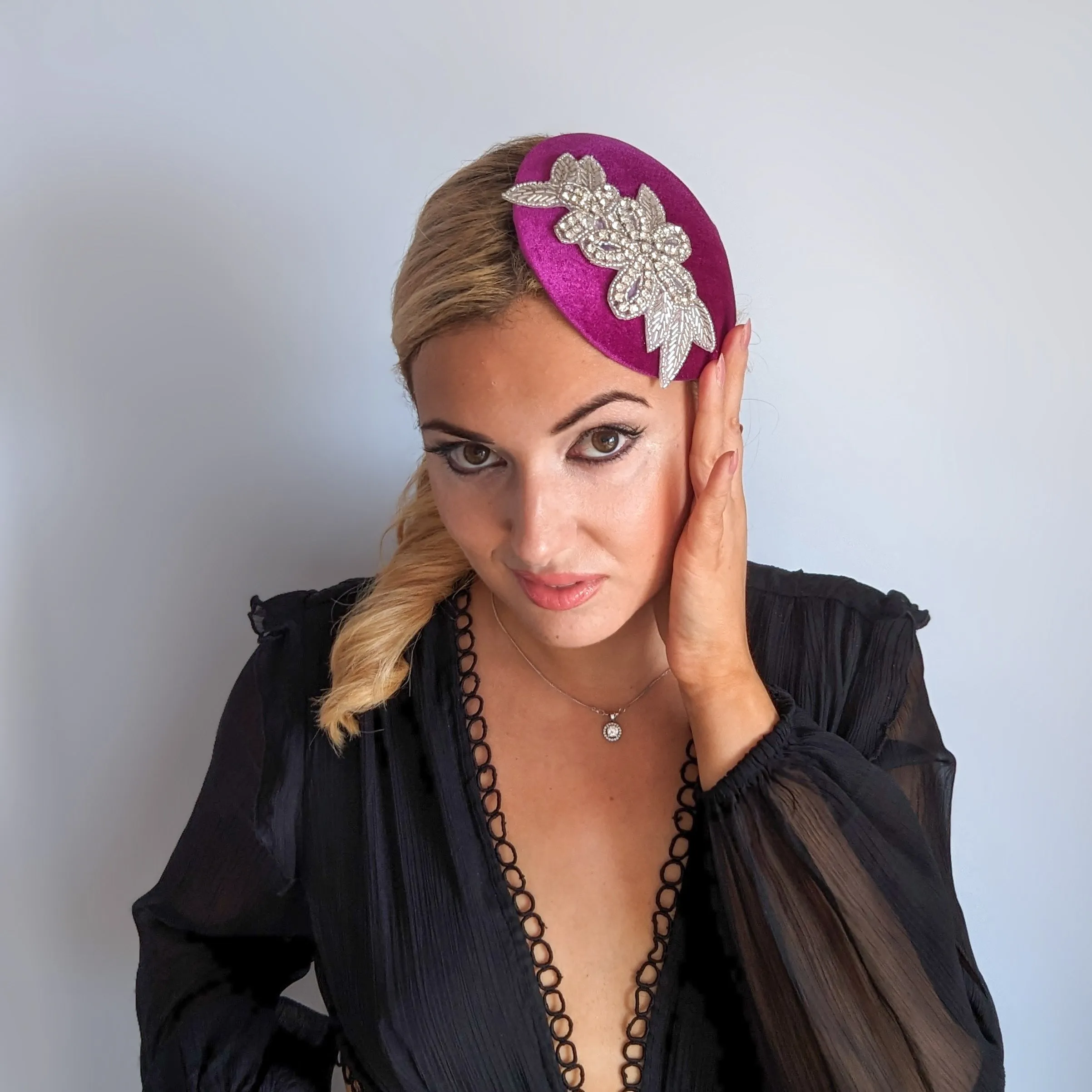 Magenta purple crystal small fascinator wedding hats uk