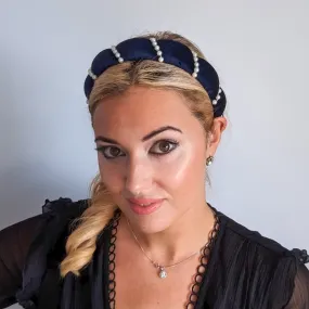 Midnight blue pearl ruched padded velvet headband fascinator