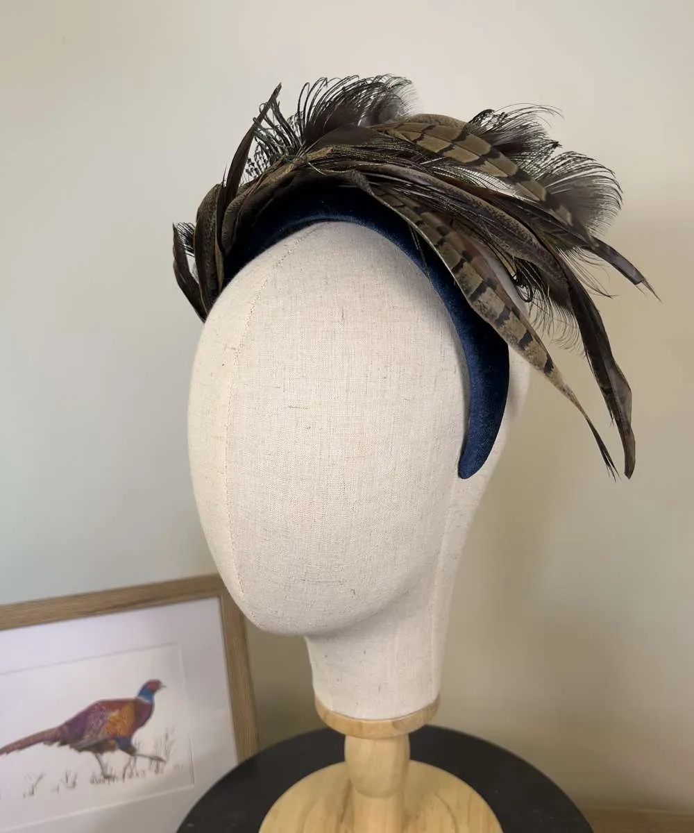 Mixed Feather Sweep - Navy Blue Velvet Alice Band