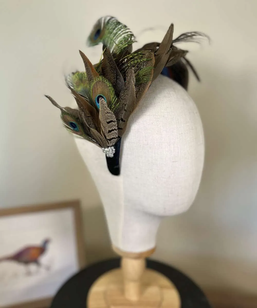 Mixed Feather Sweep - Navy Blue Velvet Alice Band