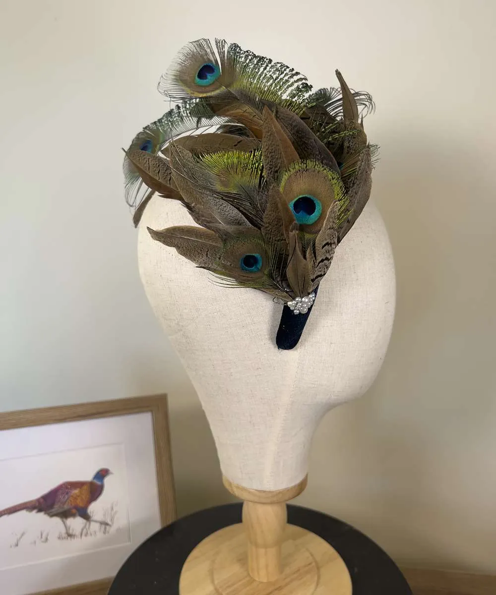 Mixed Feather Sweep - Navy Blue Velvet Alice Band