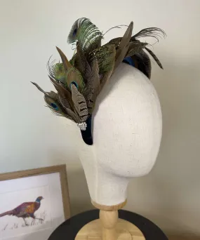 Mixed Feather Sweep - Navy Blue Velvet Alice Band