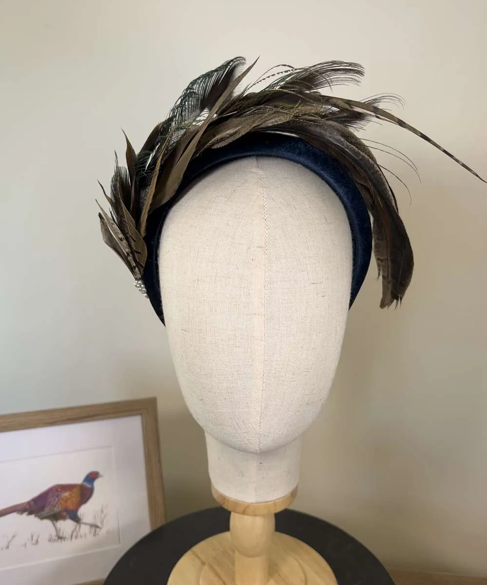 Mixed Feather Sweep - Navy Blue Velvet Alice Band