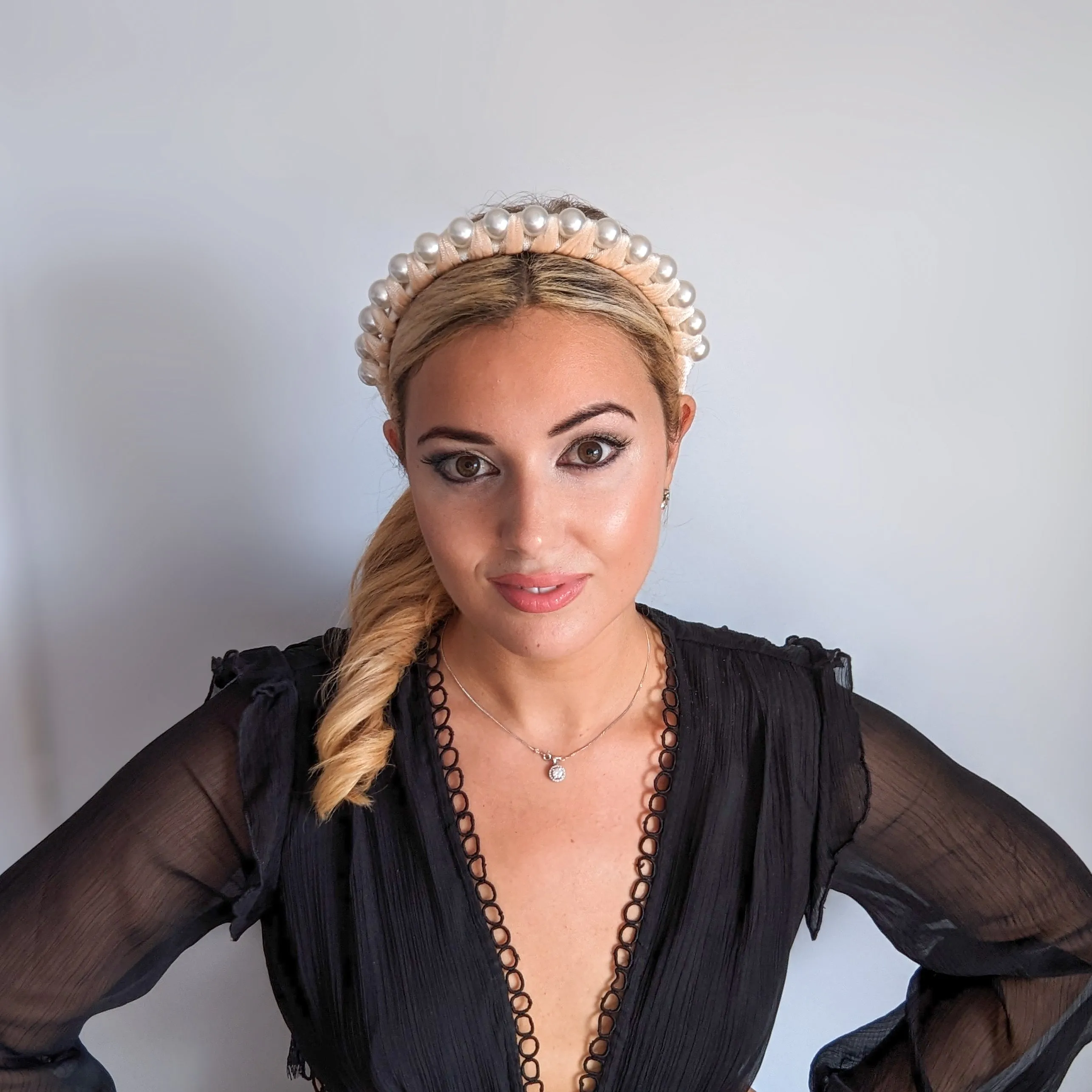 Nude peach large pearl ruched velvet headband fascinator