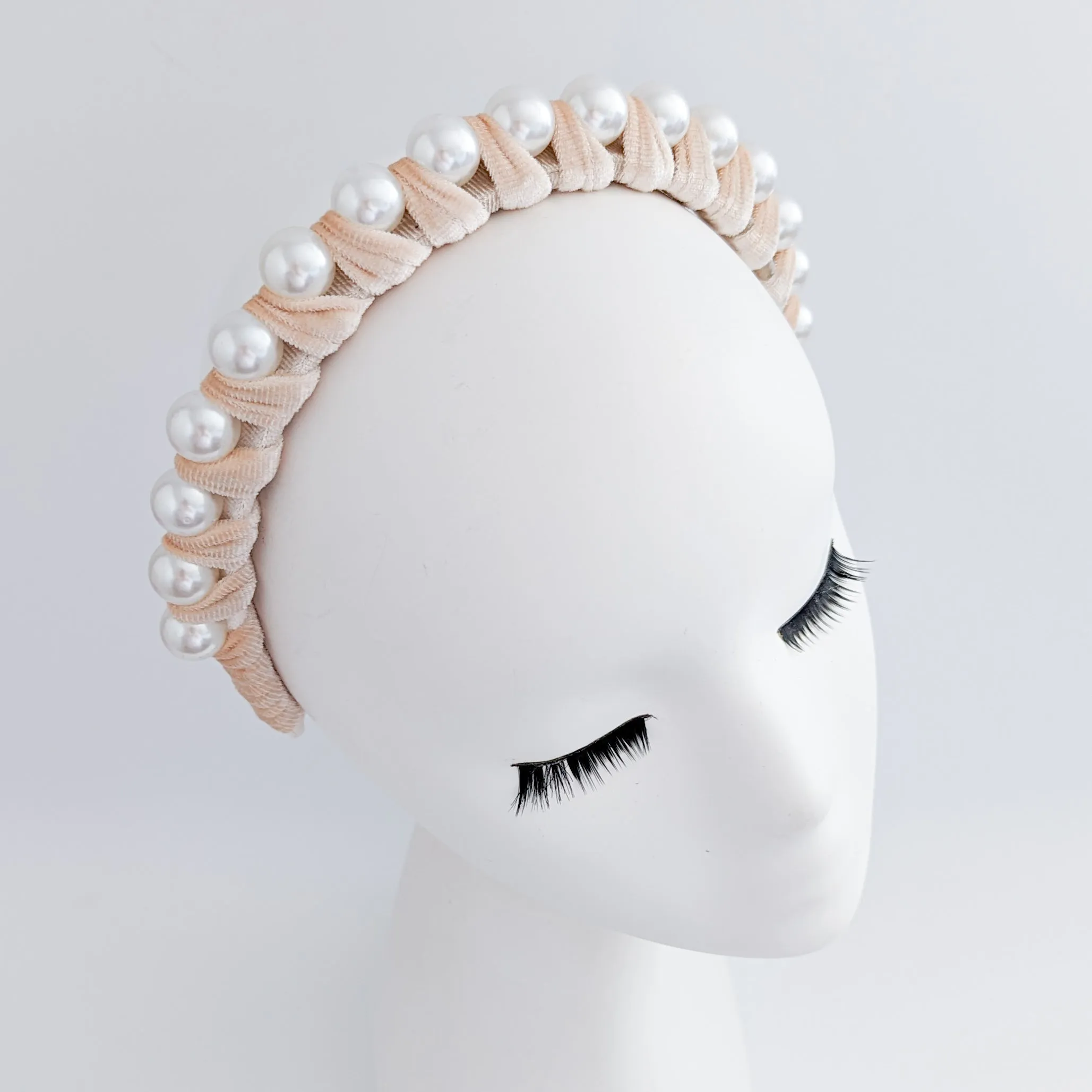 Nude peach large pearl ruched velvet headband fascinator