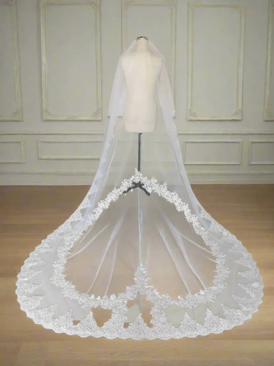 One Layer Heart Lace Appliques Cathedral Wedding Bridal Veil