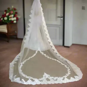 One Layer Heart Lace Appliques Cathedral Wedding Bridal Veil