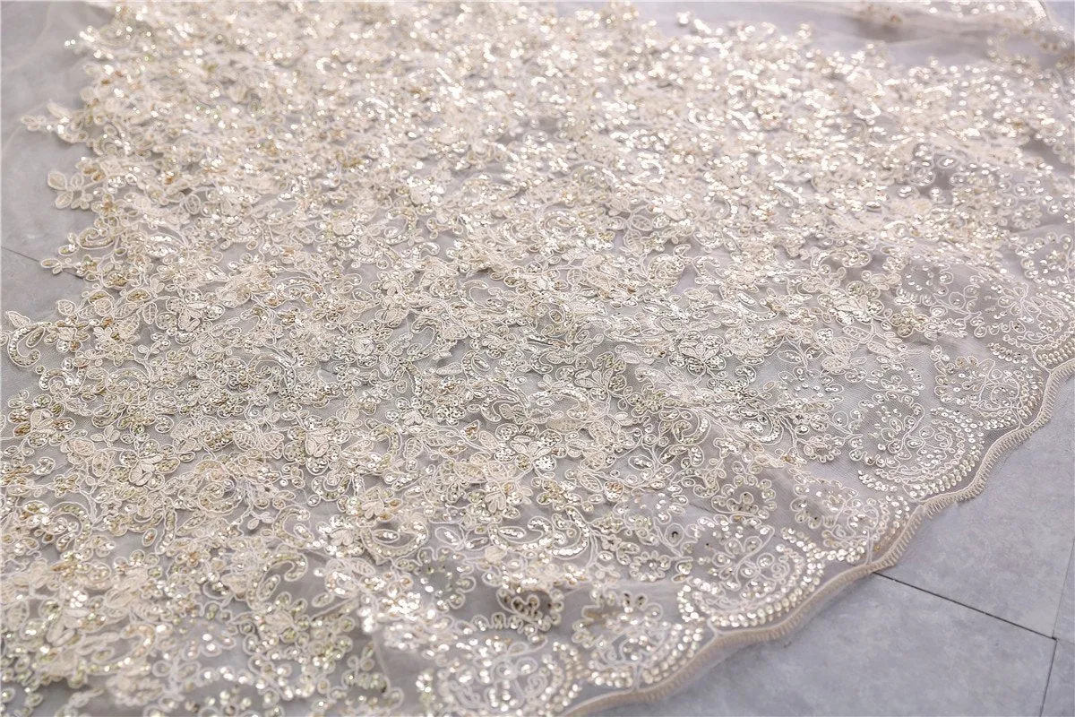 One-Tier Wedding Veil UK Lace Edge Tulle Cathedral Veils Sequin Appliques TS9009