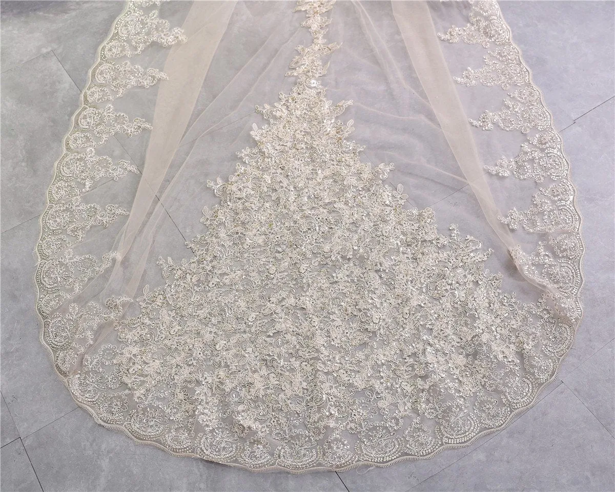 One-Tier Wedding Veil UK Lace Edge Tulle Cathedral Veils Sequin Appliques TS9009