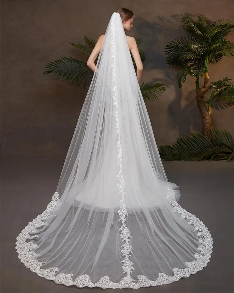 One-Tier Wedding Veil UK Tulle Lace Edge Cathedral Veils Appliques TS91015