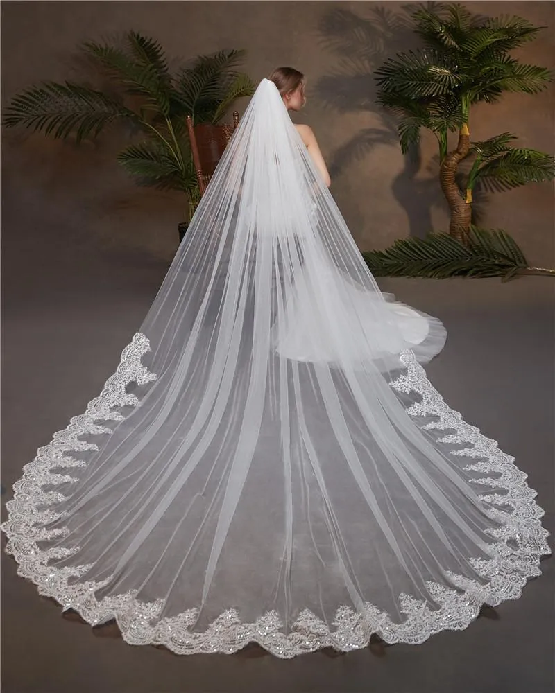 One-Tier Wedding Veil UK Tulle Lace Edge Cathedral Veils Sequins Appliques TS91018
