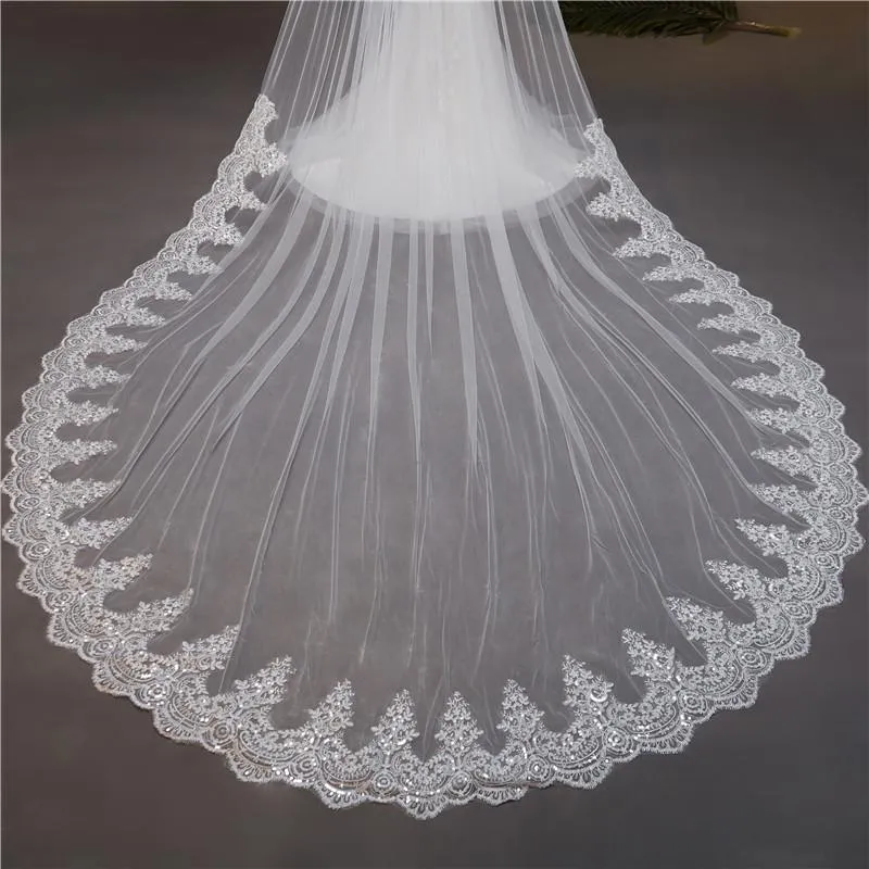 One-Tier Wedding Veil UK Tulle Lace Edge Cathedral Veils Sequins Appliques TS91018