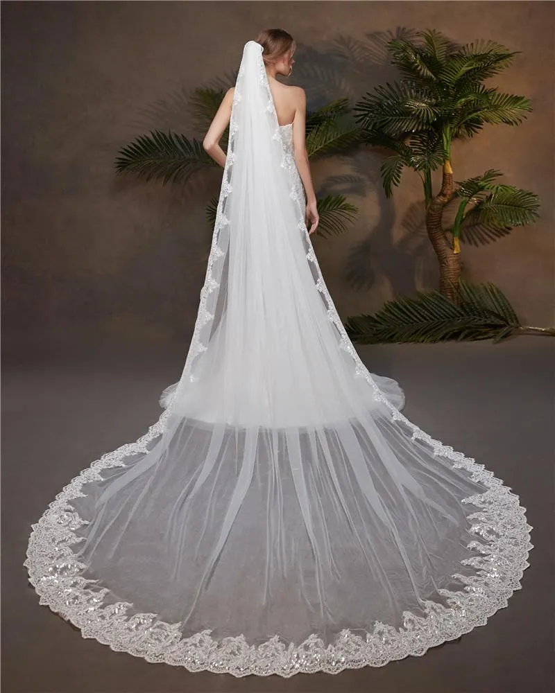 One-Tier Wedding Veil UK Tulle Lace Edge Cathedral Veils Sequins Appliques TS91019
