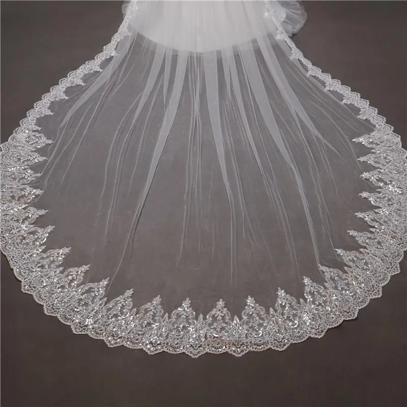 One-Tier Wedding Veil UK Tulle Lace Edge Cathedral Veils Sequins Appliques TS91019
