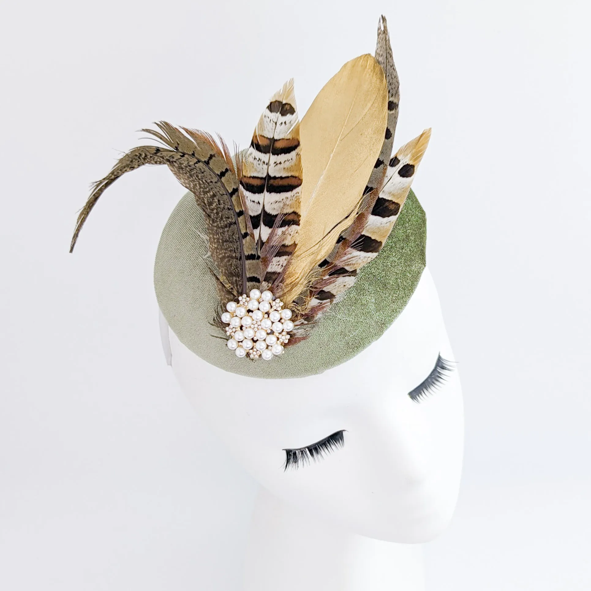 Sage green pheasant feather small velvet fascinator wedding hats uk