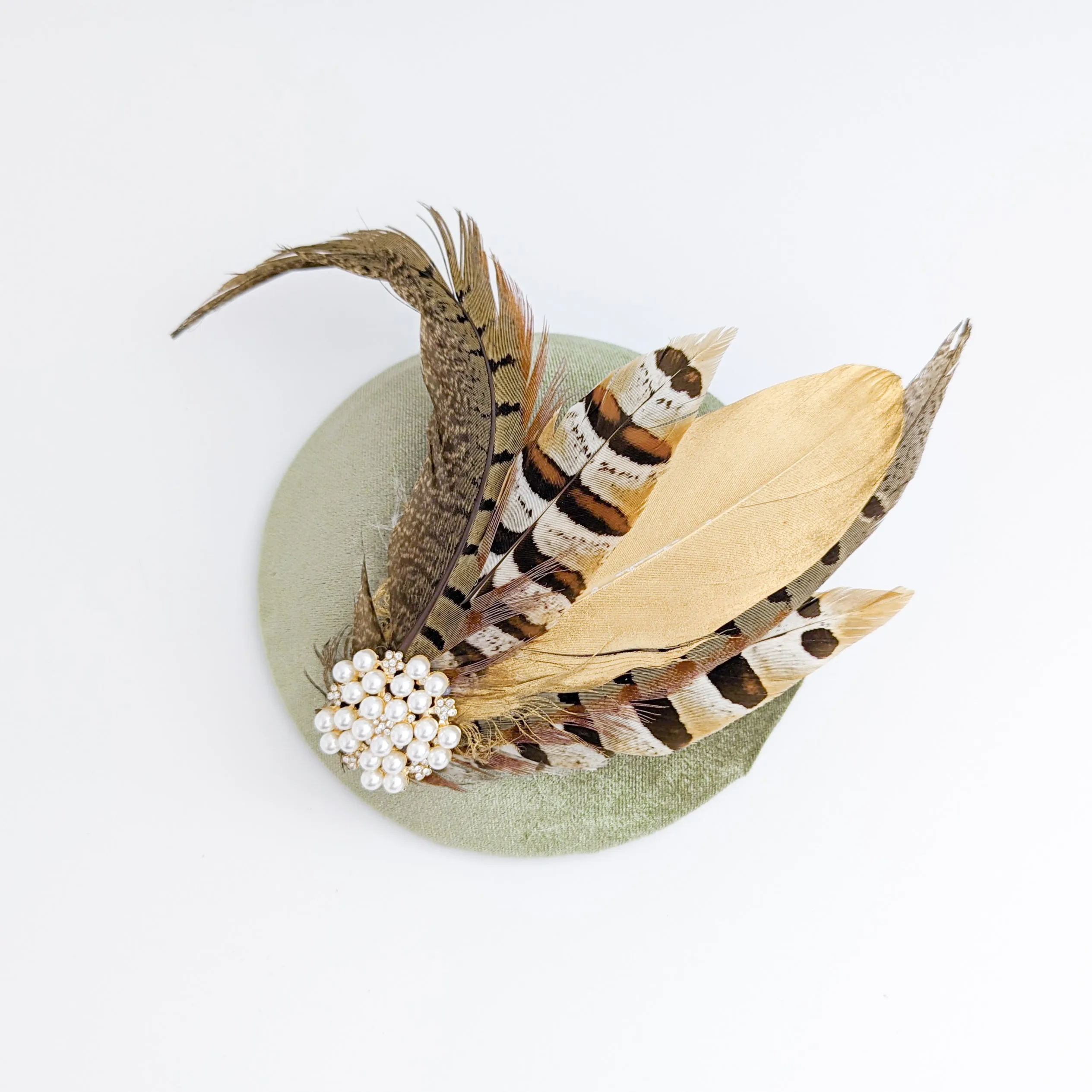 Sage green pheasant feather small velvet fascinator wedding hats uk