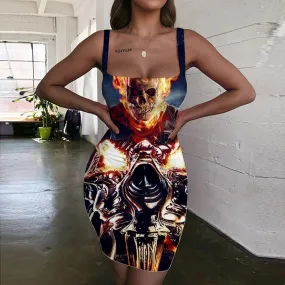 Skull Dress Women Punk 3d Print Flame Ladies Dresses Motorcycle Vestido Sexy