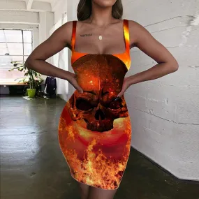 Skull Dresses Women Punk Halter Sleeveless Flame Vestido Sexy Red Bodycon Dress