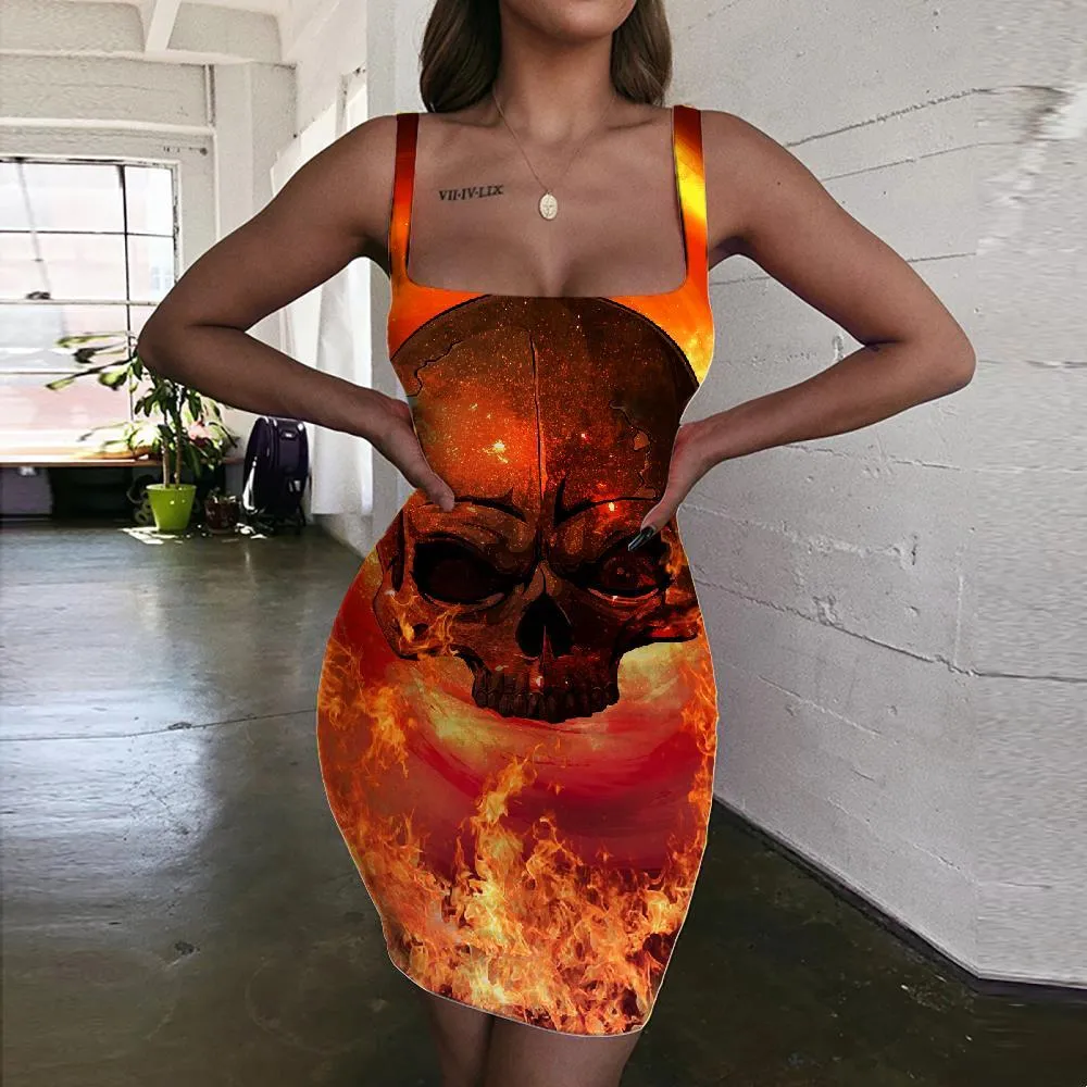 Skull Dresses Women Punk Halter Sleeveless Flame Vestido Sexy Red Bodycon Dress