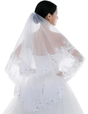 Sparkling Crystal Lace Edge Tulle Bridal Veil with Comb