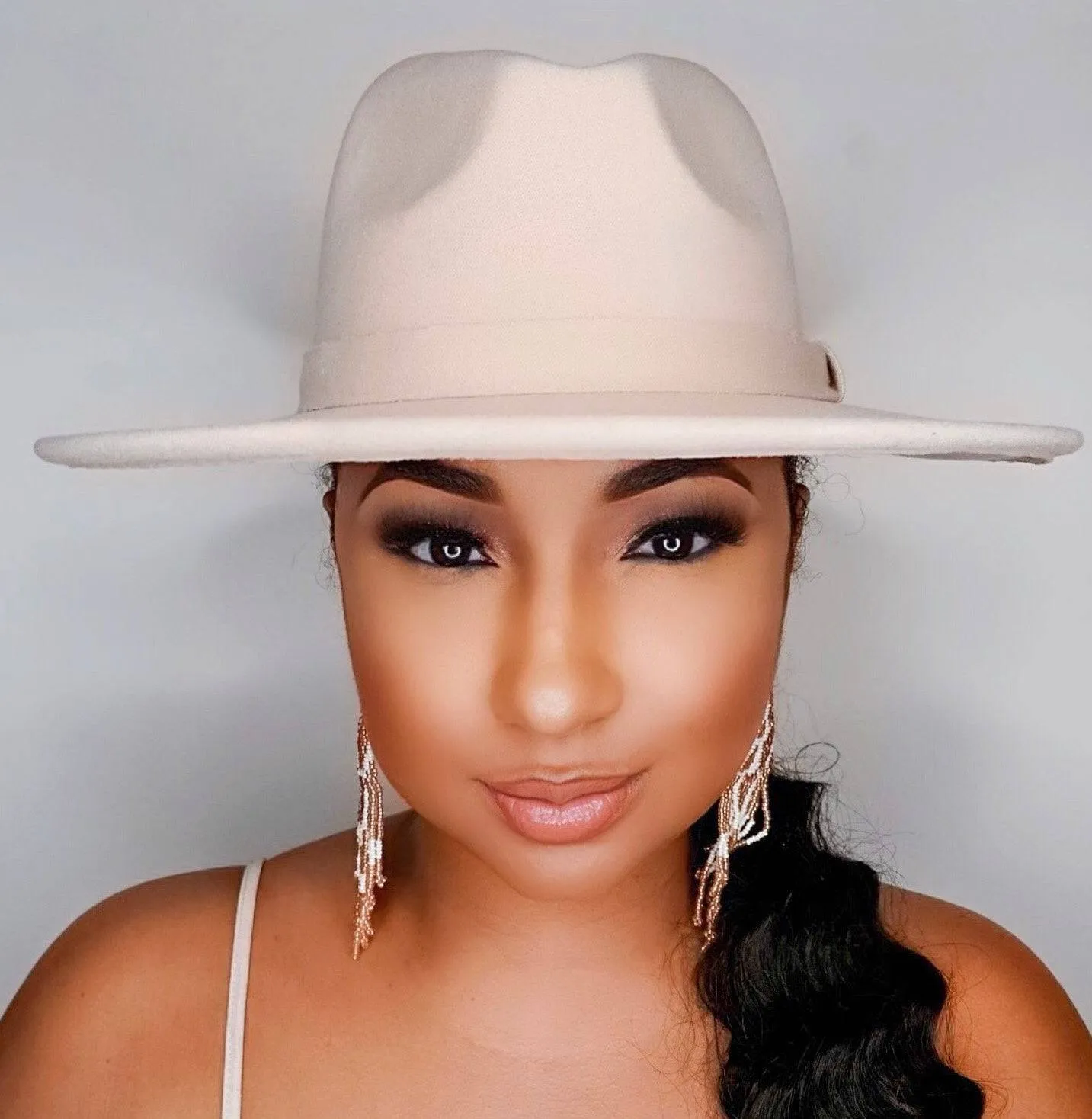 Still Trending | Wide Brim Panama Felt Fedora Hat with Band for Women Men - Grey
