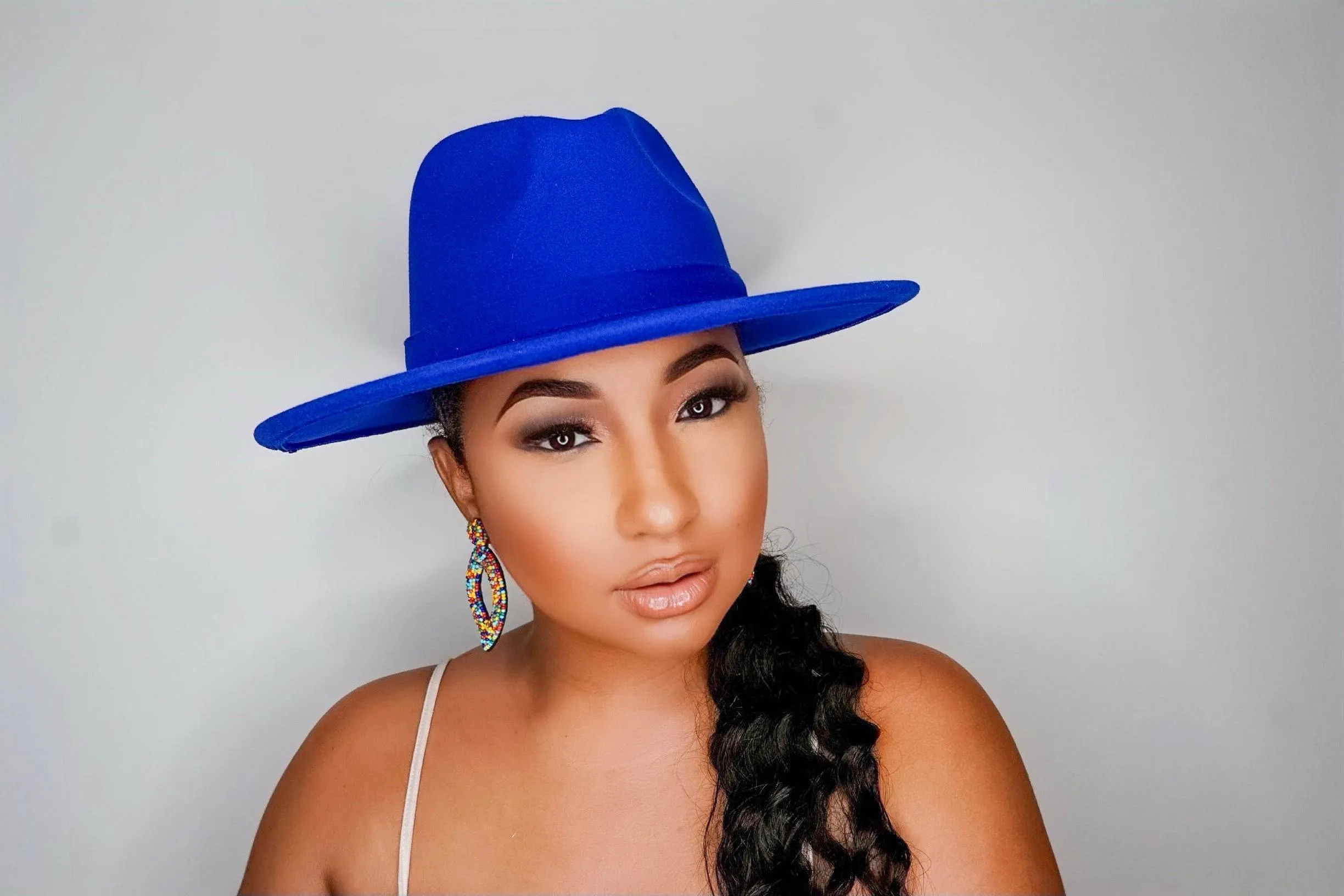 Still Trending | Wide Brim Panama Felt Fedora Hat with Band - Royal Blue