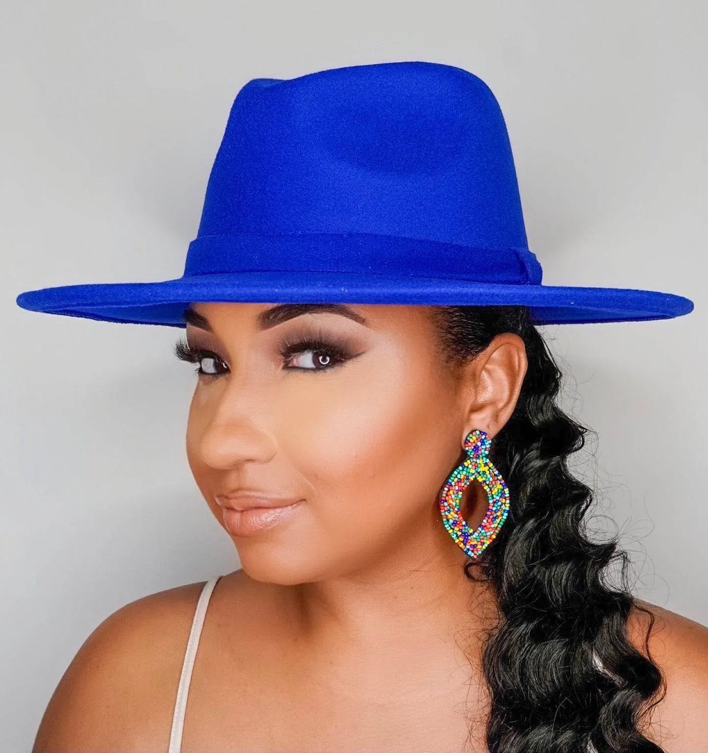 Still Trending | Wide Brim Panama Felt Fedora Hat with Band - Royal Blue