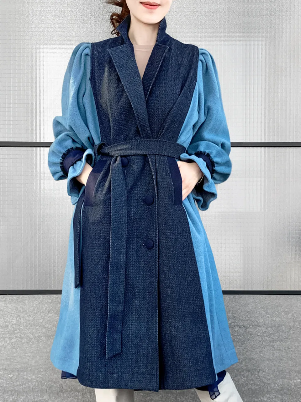 Surprise Sale! Dark Denim Contrast Furry Balloon Sleeves Trench Coat