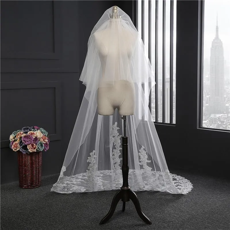 Two-Tier Wedding Veil UK Tulle Lace Edge Cathedral Veils Appliques TS91030