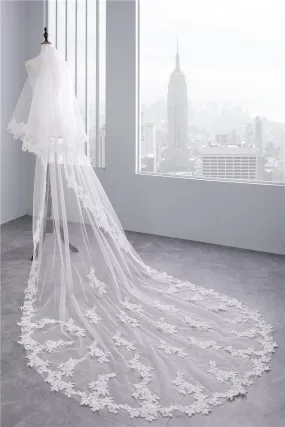 Two-Tier Wedding Veil UK Tulle Lace Edge Chapel Veils Appliques TS91007