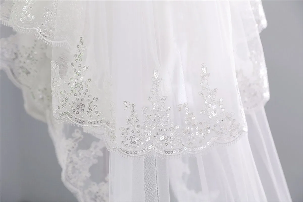 Two-Tier Wedding Veil UK Tulle Lace Edge Chapel Veils Appliques TS91038