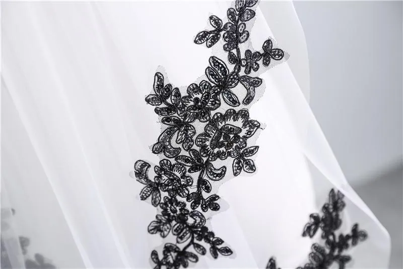 Two-Tier Wedding Veil UK Tulle Lace Edge Elbow Bridal Veils Black Appliques TS91008