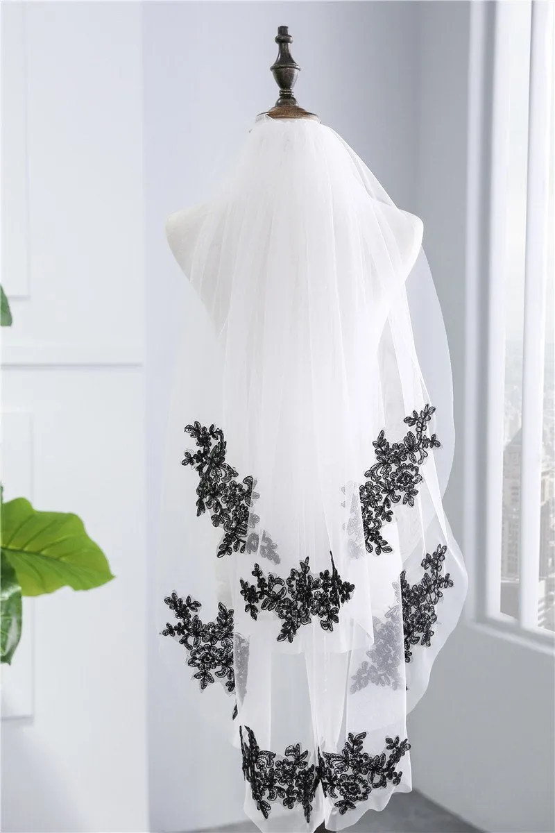Two-Tier Wedding Veil UK Tulle Lace Edge Elbow Bridal Veils Black Appliques TS91008