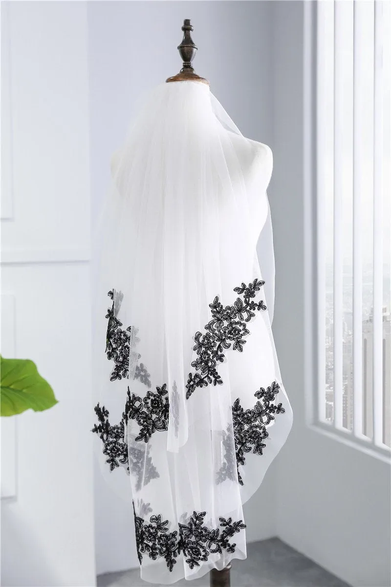 Two-Tier Wedding Veil UK Tulle Lace Edge Elbow Bridal Veils Black Appliques TS91008