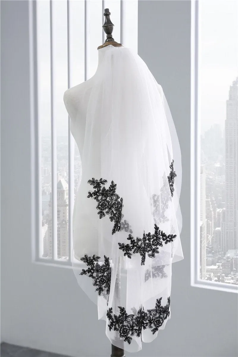 Two-Tier Wedding Veil UK Tulle Lace Edge Elbow Bridal Veils Black Appliques TS91008