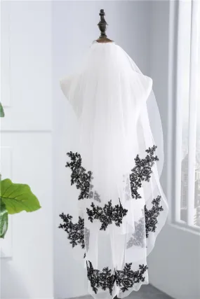 Two-Tier Wedding Veil UK Tulle Lace Edge Elbow Bridal Veils Black Appliques TS91008
