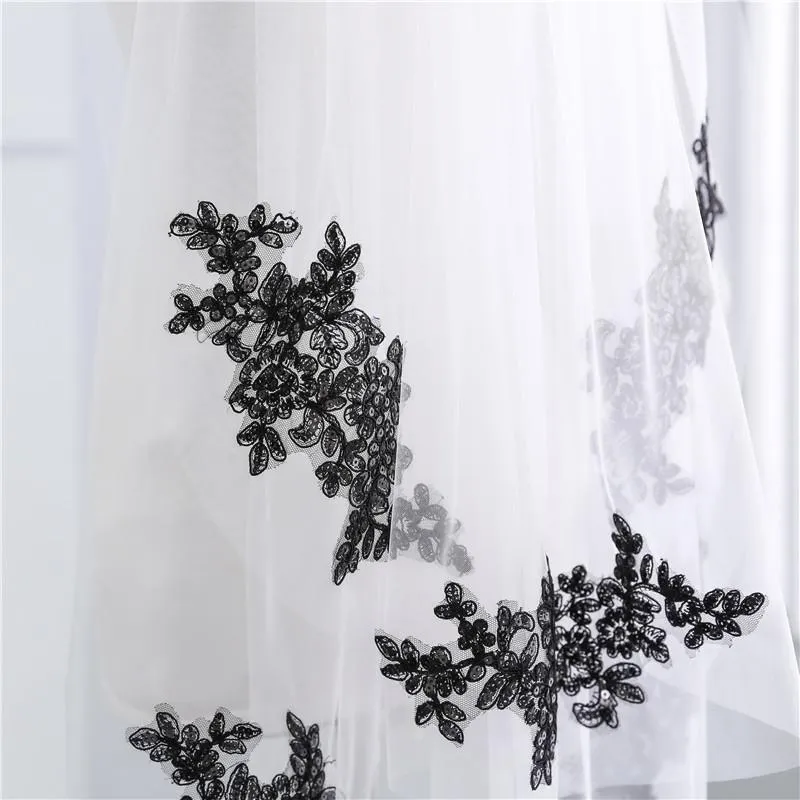 Two-Tier Wedding Veil UK Tulle Lace Edge Elbow Bridal Veils Black Appliques TS91008